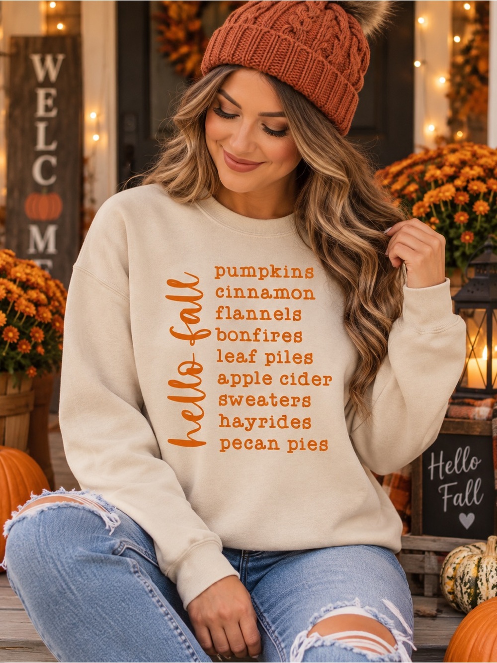 Cozy Hello Fall Graphic Sweatshirt - Cream with Orange Text